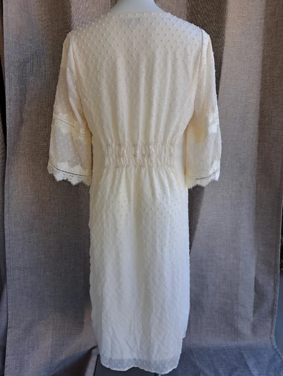 Polagram Ivory Swiss Dot Modest Midi Dress Lace Sleeves V-Neck Size L - Picture 7 of 16